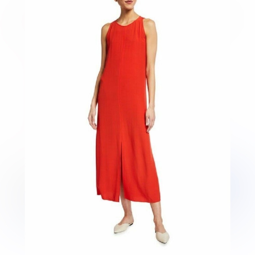 Eileen Fisher Round Neck Tencel & Viscose Crepe Front Slit Maxi Dress
